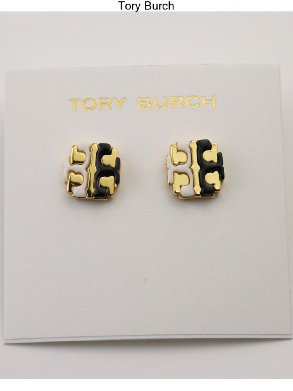 Tory Burch Gold, Black & White Logo Link Earrings (Pair)